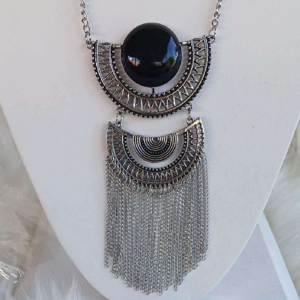 Paparazzi Silver and Black Necklace with Cascading Fringe - Picture 11 of 12